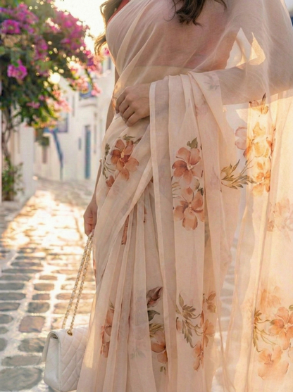 Frangipani - Beige Floral Hand Painted Pure Chiffon Saree