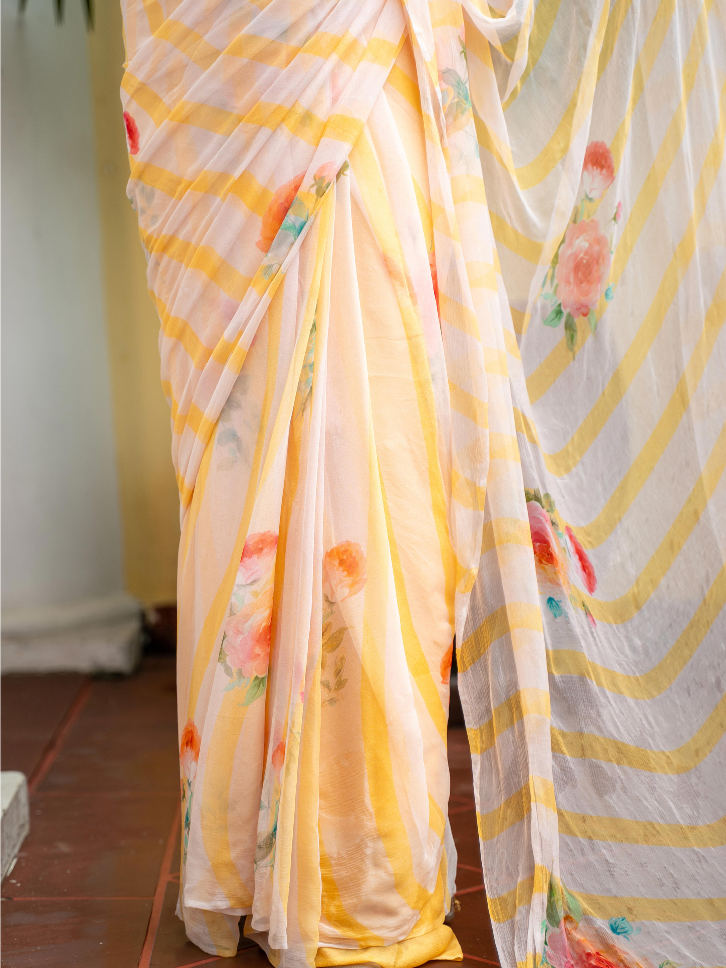 Eden - Yellow Gingham Print Pure Chiffon Partywear Saree