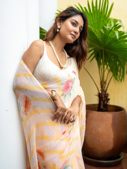 Eden - Yellow Gingham Print Pure Chiffon Partywear Saree