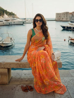 Elara - Orange Floral Print Pure Chiffon Partywear Saree
