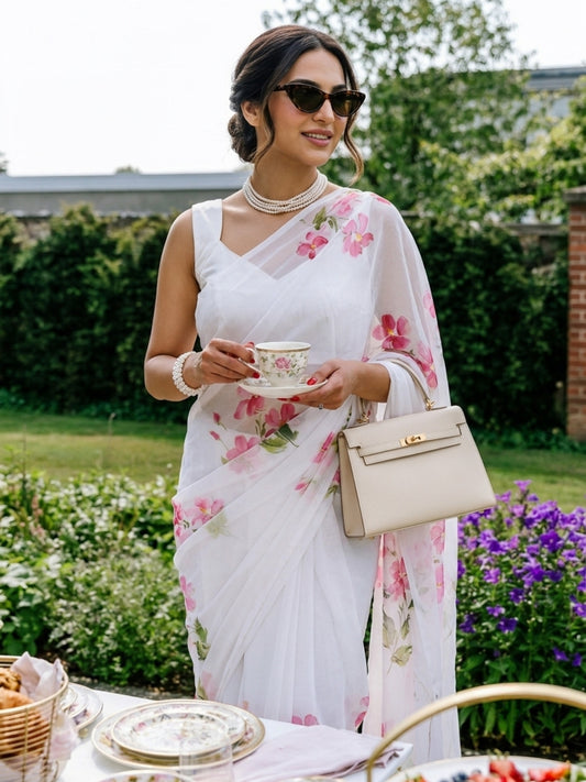 English Primrose - White Floral Hand Painted Pure Chiffon Partywear Saree