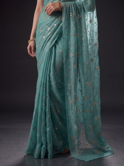 Muse - Blue Sequin Chiffon Partywear Saree