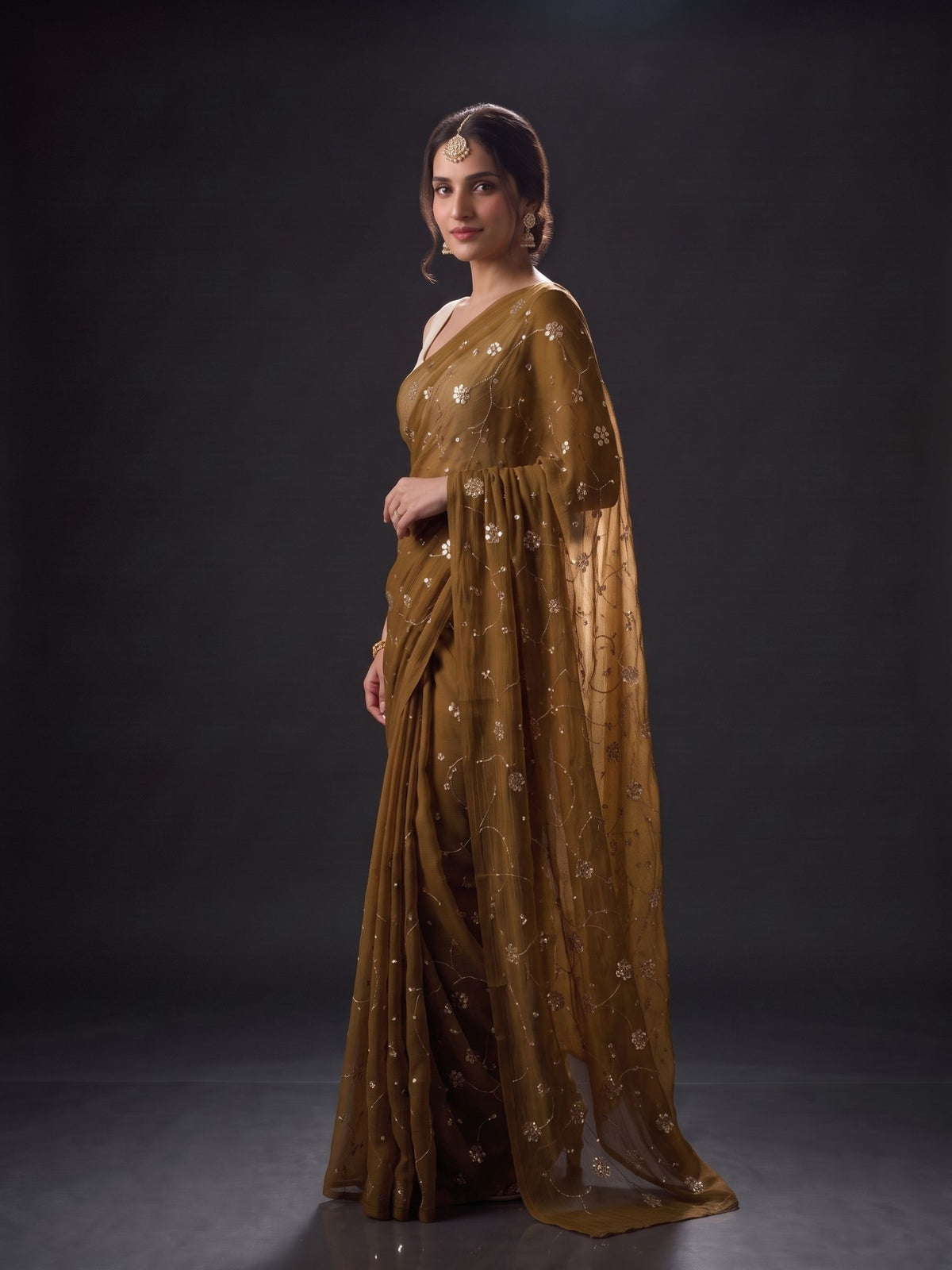 Enigma - Dark Olive Green Sequin Chiffon Partywear Saree