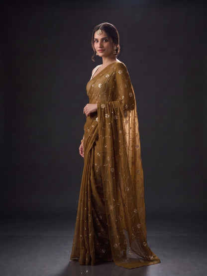 Enigma - Dark Olive Green Sequin Chiffon Partywear Saree