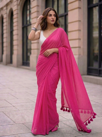 Peony - Plain Rose Pink Mul Cotton Saree