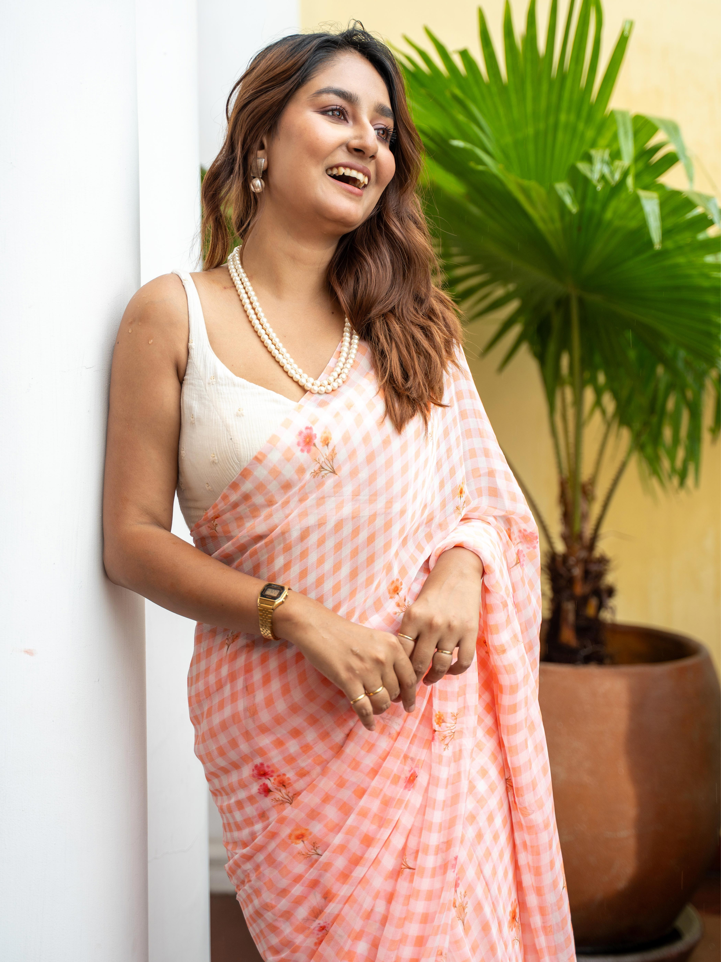 Fresh Bloom - Peach Orange Gingham Print Pure Chiffon Partywear Saree
