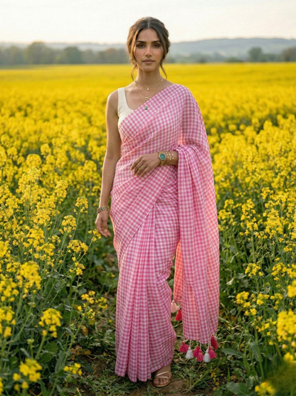 Blush Orchard - Soft Pink Gingham Mulmul Cotton Saree