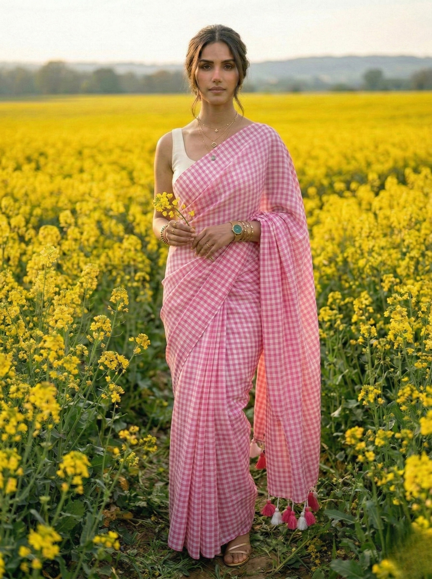 Blush Orchard - Soft Pink Gingham Mulmul Cotton Saree