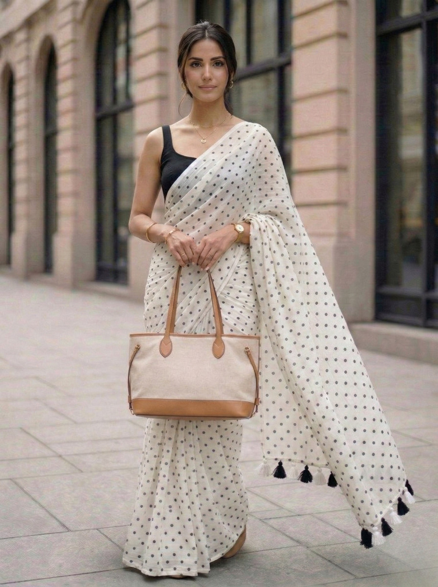 Moonlit Pearl - White Polka Dot Modal Cotton Saree