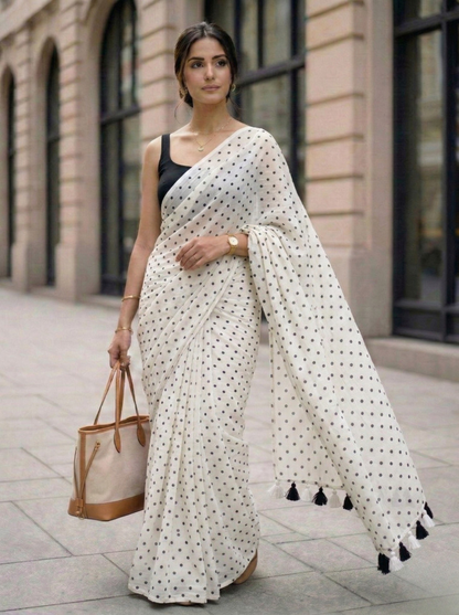 Moonlit Pearl - White Polka Dot Modal Cotton Saree