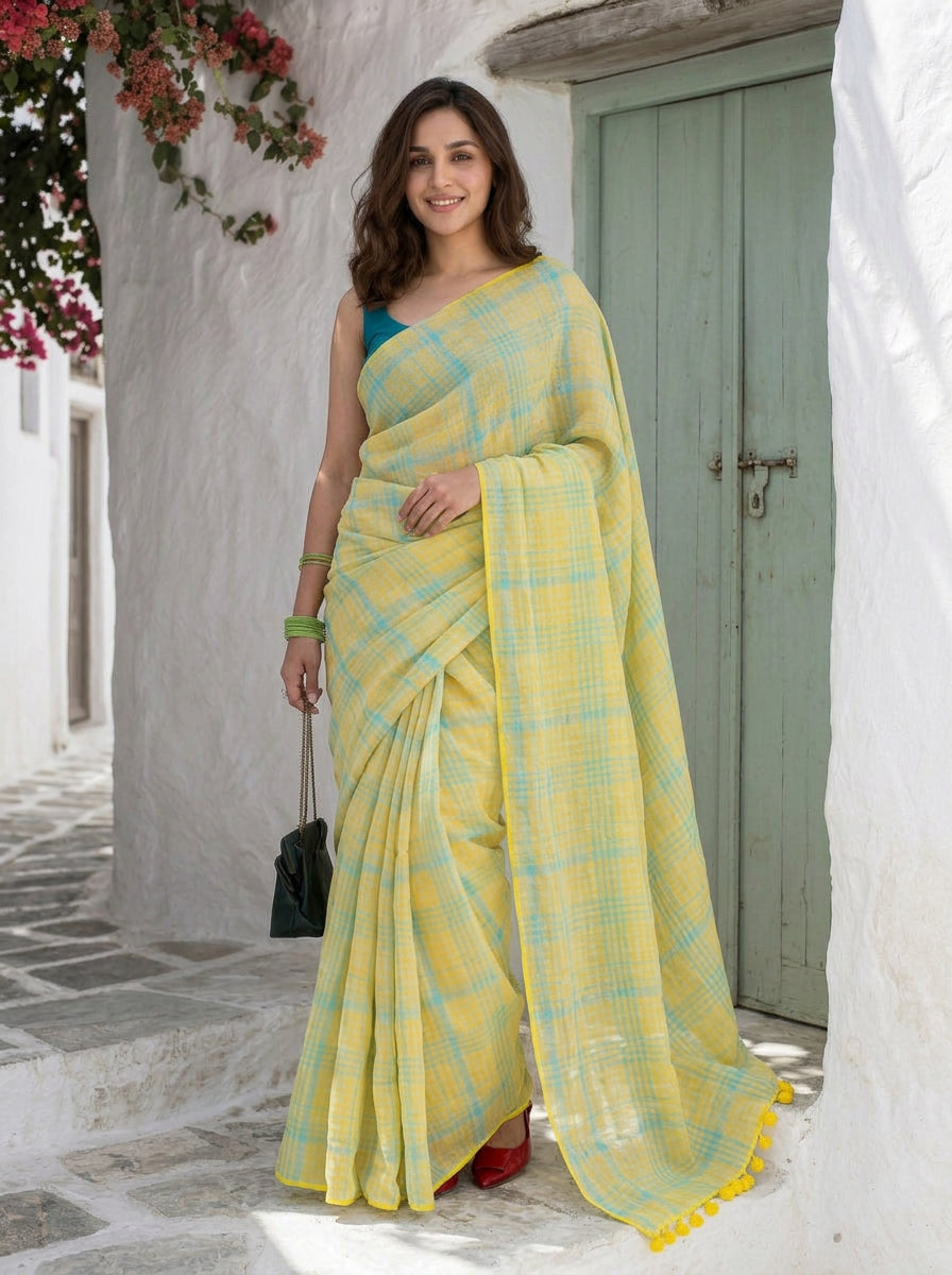 Out & About - Yellow Striped Pure Handloom Linen Saree