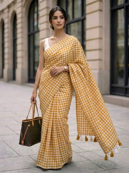 Harvest Sun - Mustard Yellow Gingham Mulmul Cotton Saree