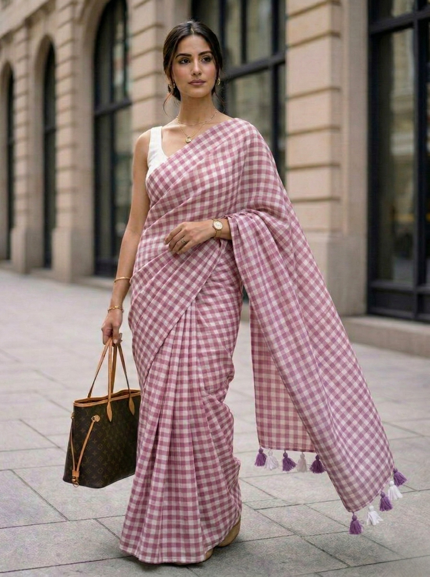 Dusty Petal - Mauve Gingham Mulmul Cotton Saree