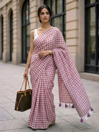 Dusty Petal - Mauve Gingham Mulmul Cotton Saree