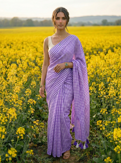 Wisteria Lane - Purple Gingham Mulmul Cotton Saree