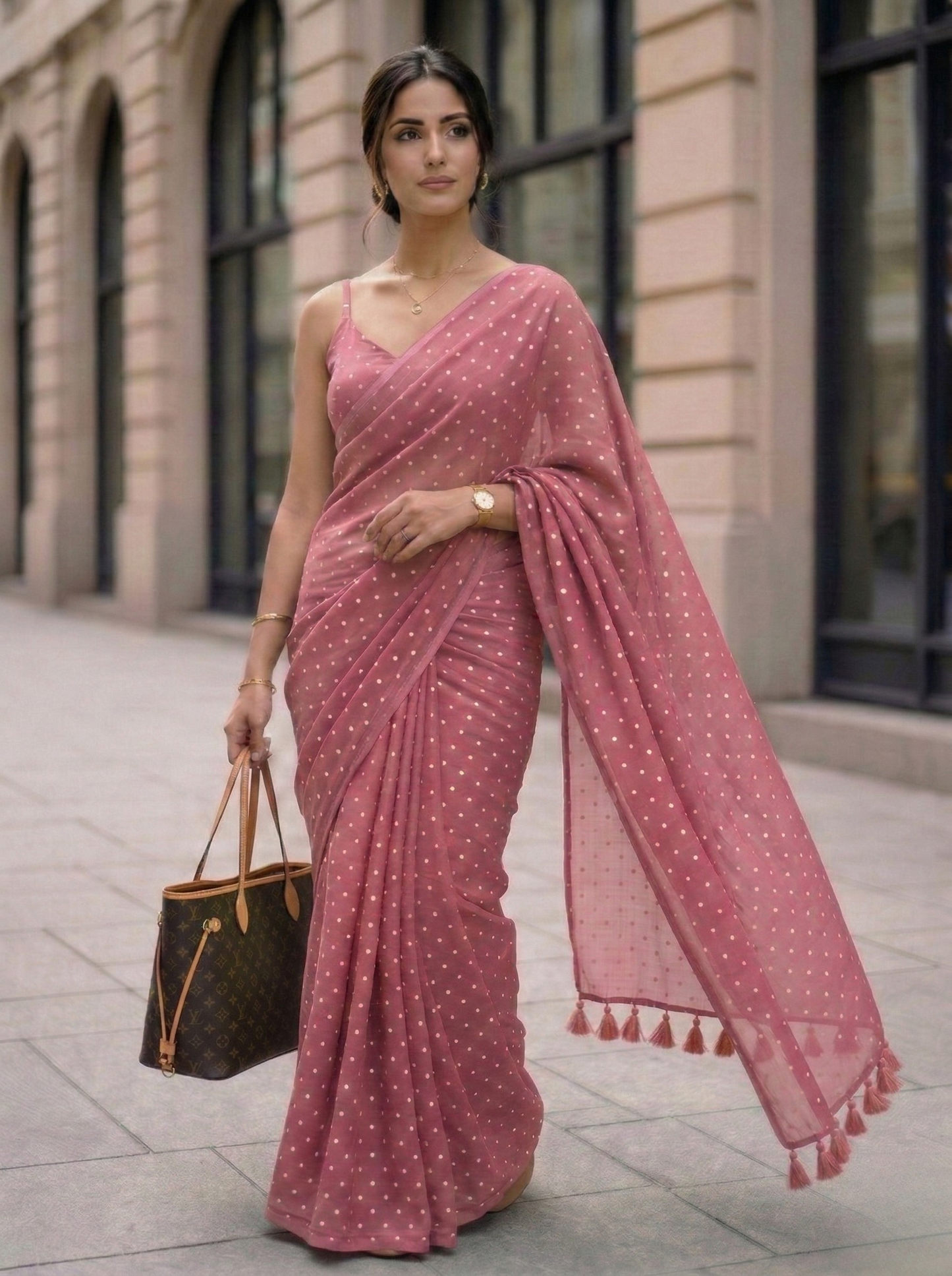 Vintage Speckle - Dusty Rose Polka Dot Modal Cotton Saree