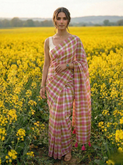 Morning Dew - Pink Lime Gingham Mulmul Cotton Saree