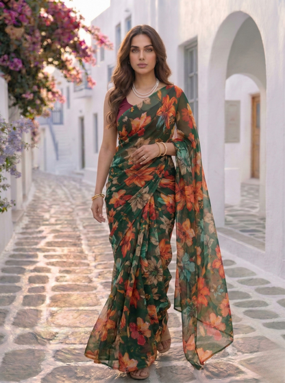 Orelia - Green Floral Print Pure Chiffon Saree