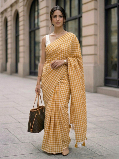Harvest Sun - Mustard Yellow Gingham Mulmul Cotton Saree