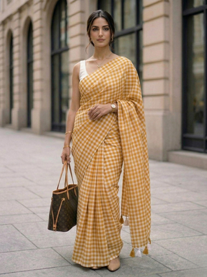 Harvest Sun - Mustard Yellow Gingham Mulmul Cotton Saree