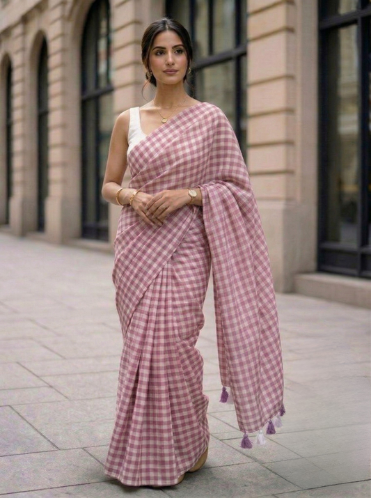 Dusty Petal - Mauve Gingham Mulmul Cotton Saree