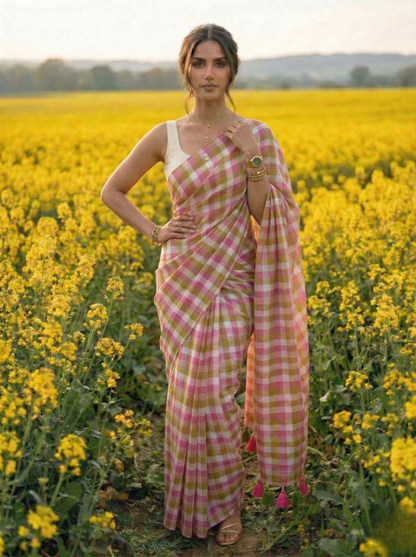 Morning Dew - Pink Lime Gingham Mulmul Cotton Saree