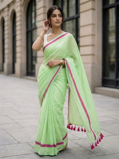 The Minimalist - Green Mulmul Cotton Saree with Pink Border