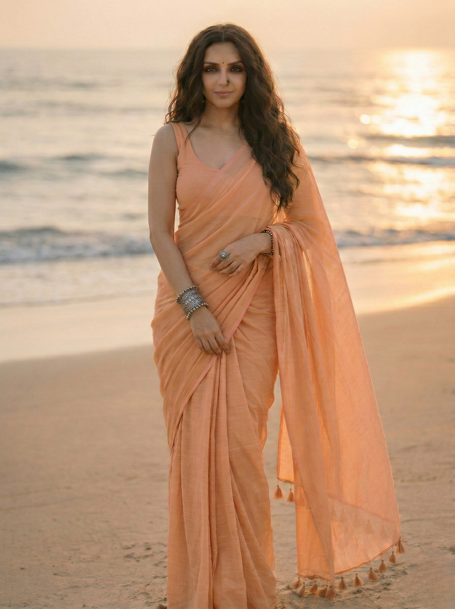 Dusty Rose - Plain Beige Mul Cotton Saree