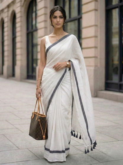Muneer - White Mulmul Cotton Saree with Black Border