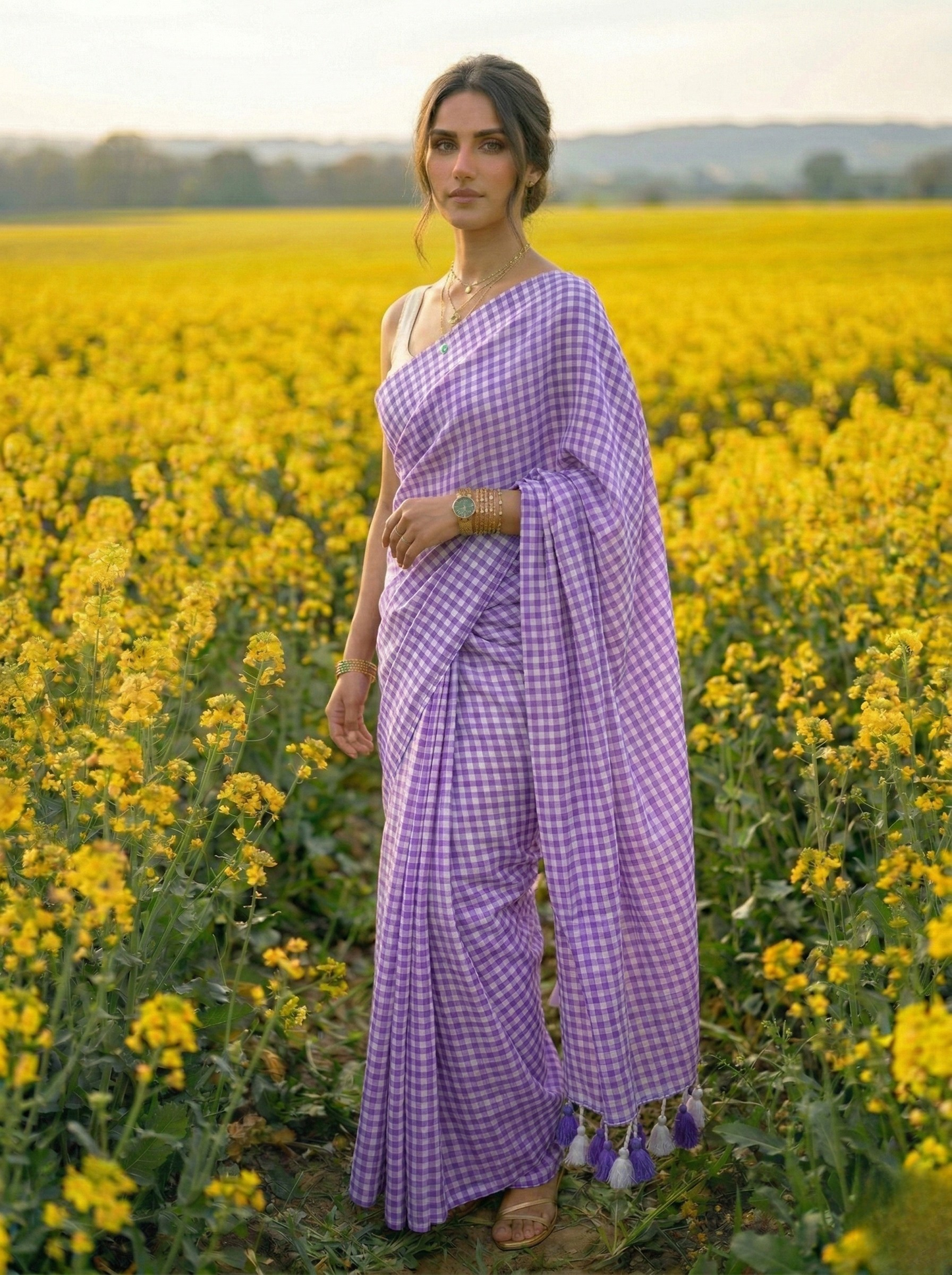 Wisteria Lane - Purple Gingham Mulmul Cotton Saree