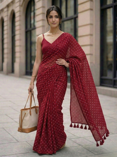 Regal Pin Drop - Maroon Red Polka Dot Modal Cotton Saree