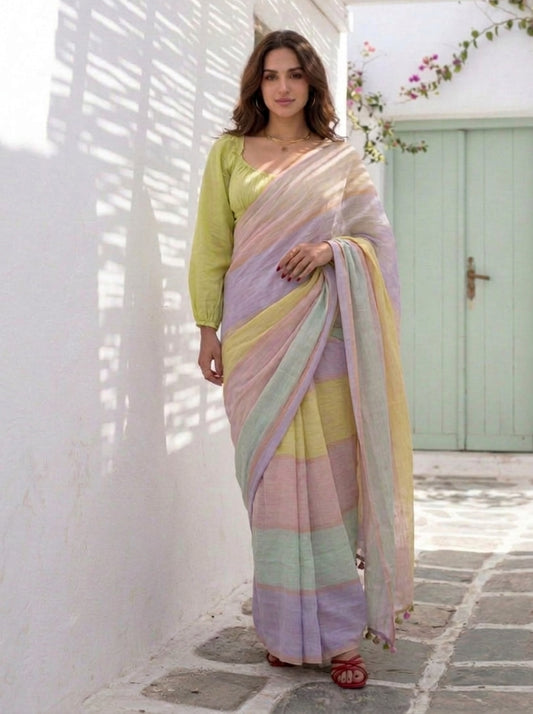 Daybreak - Multicolour Striped Pure Handloom Linen Saree