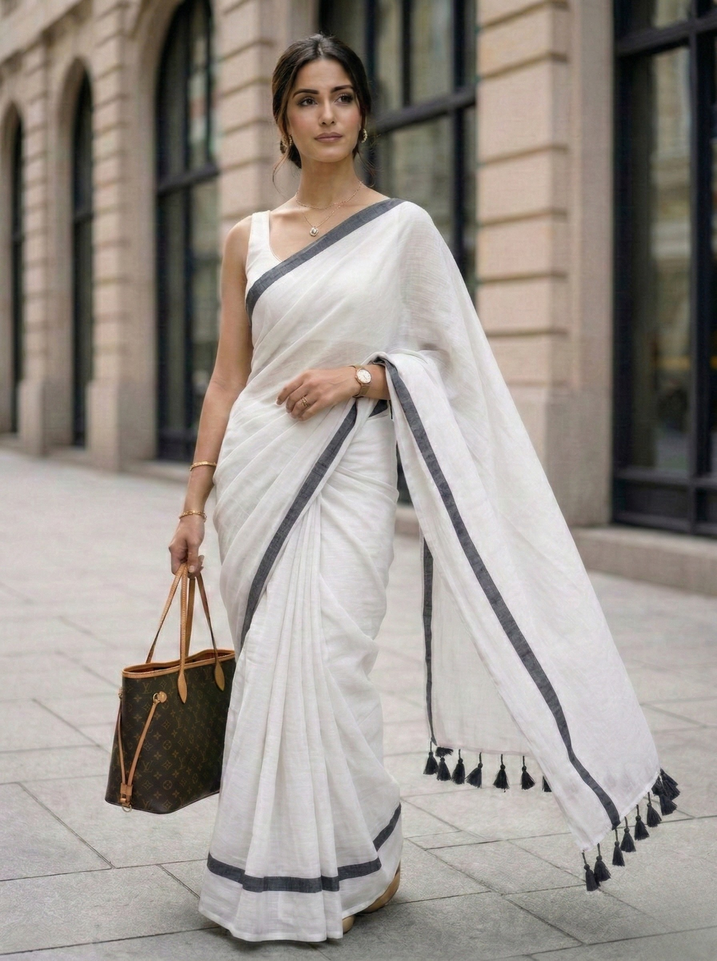 Muneer - White Mulmul Cotton Saree with Black Border