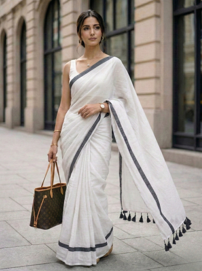 Muneer - White Mulmul Cotton Saree with Black Border