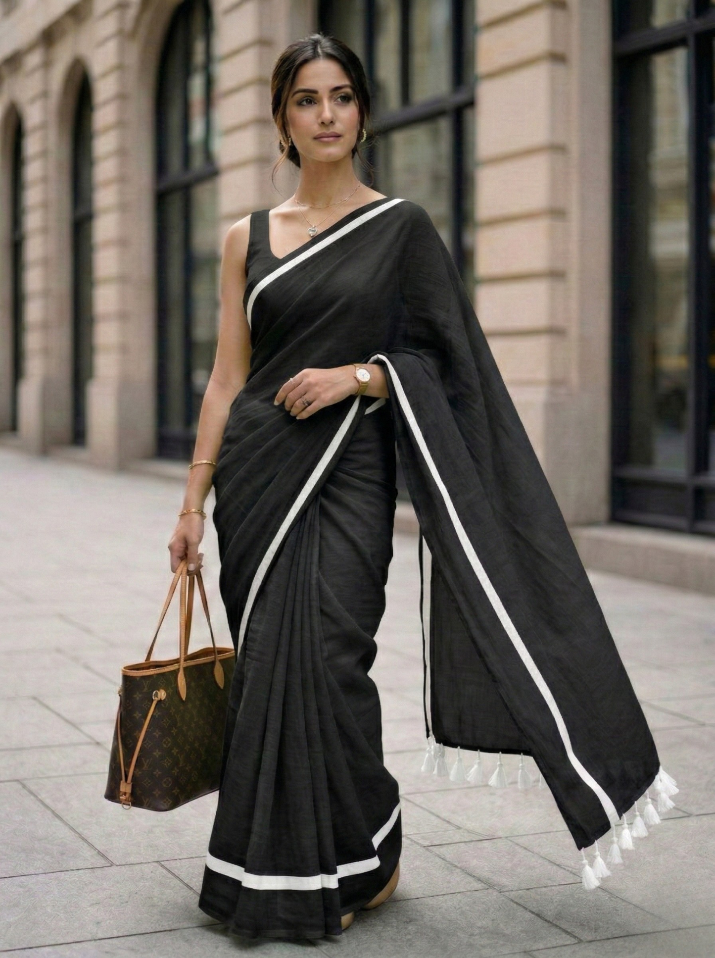 Wabi Sabi - Black Mulmul Cotton Saree with White Border