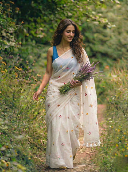 Gardenalia White - Embroidered Mulmul Cotton Saree
