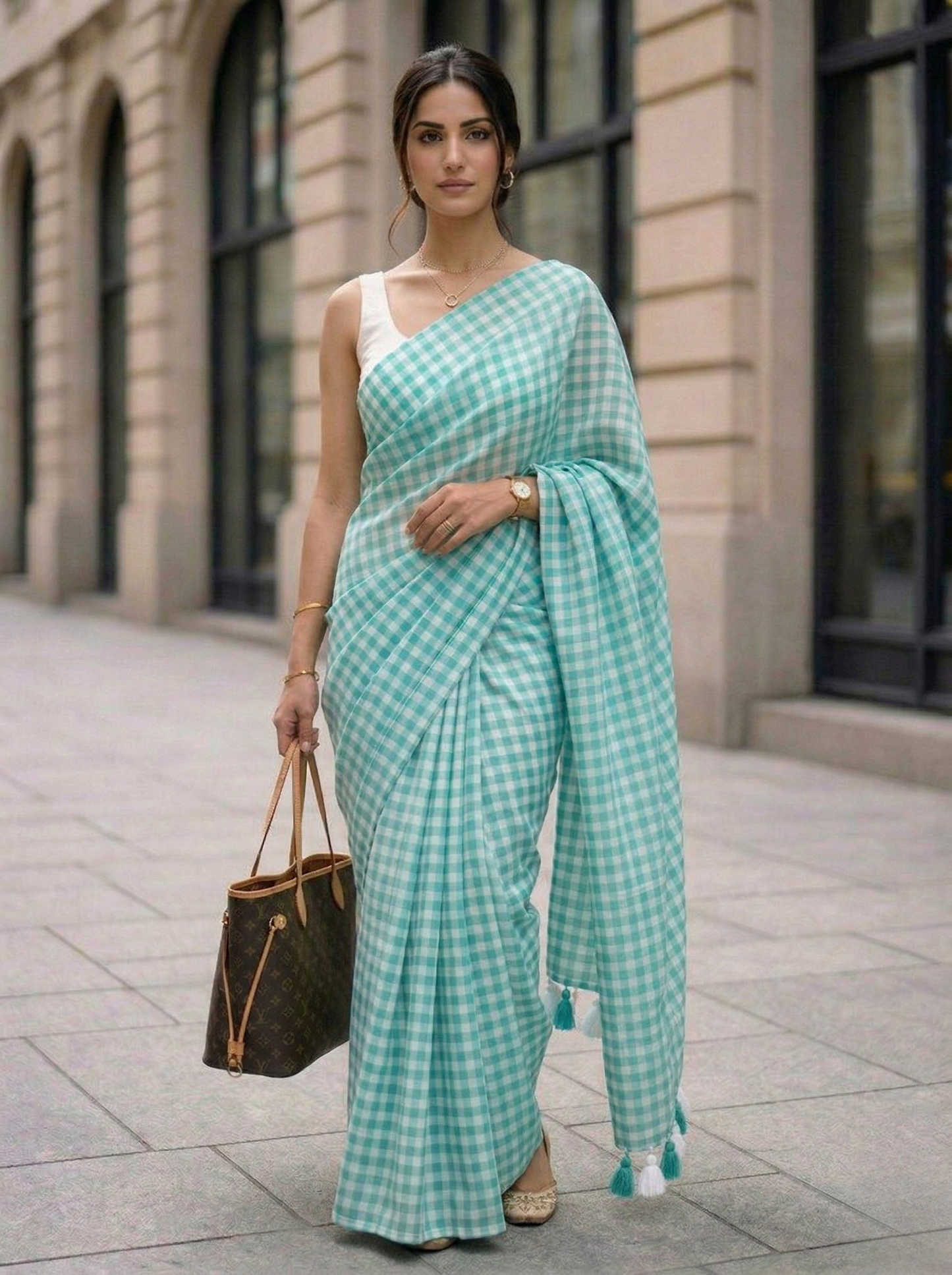 Cloudless Sky - Aqua Gingham Mulmul Cotton Saree