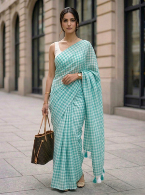 Cloudless Sky - Aqua Gingham Mulmul Cotton Saree