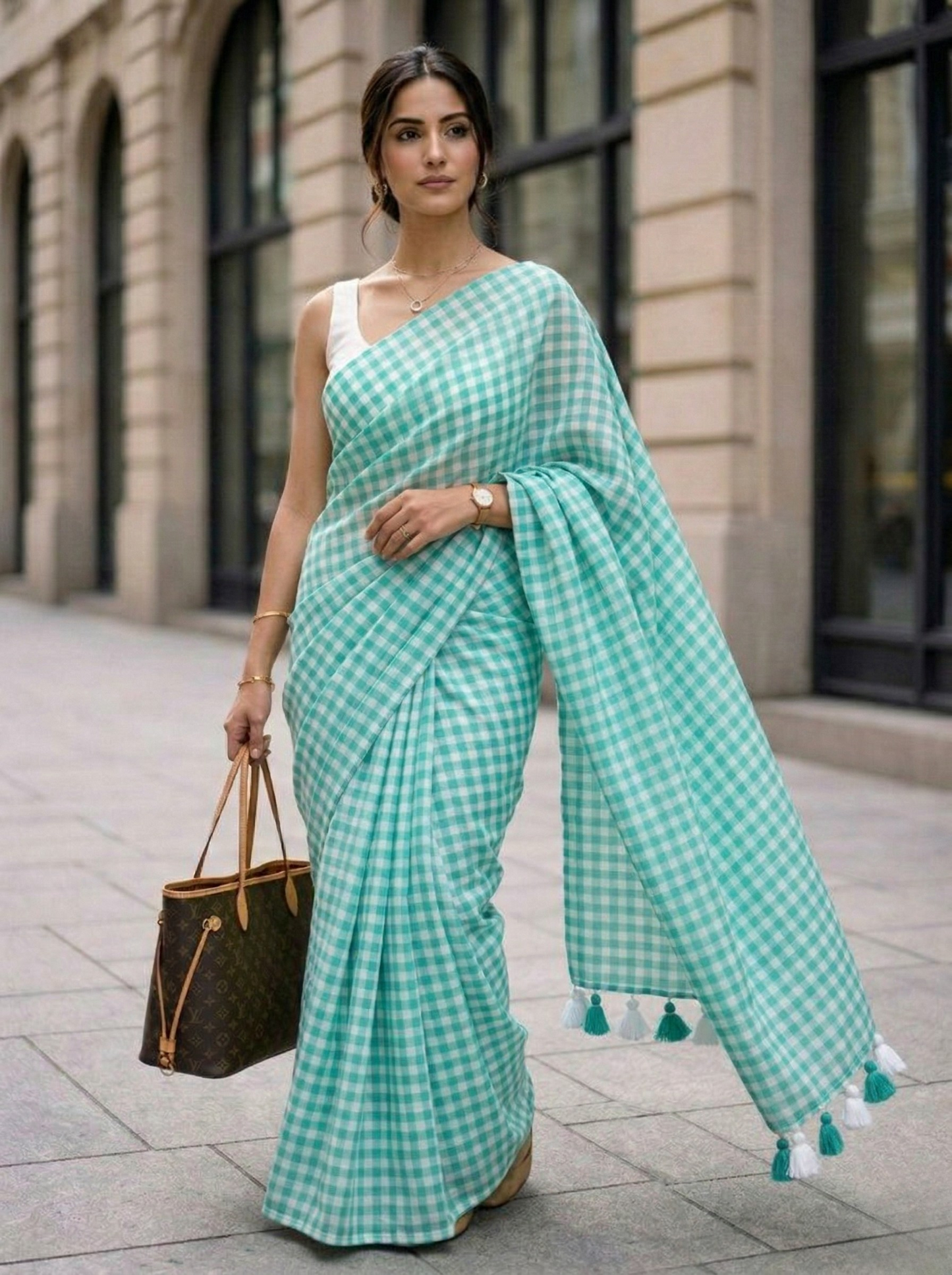 Cloudless Sky - Aqua Gingham Mulmul Cotton Saree