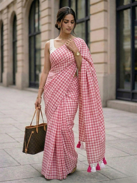 Poppy Seed - Red Gingham Mulmul Cotton Saree