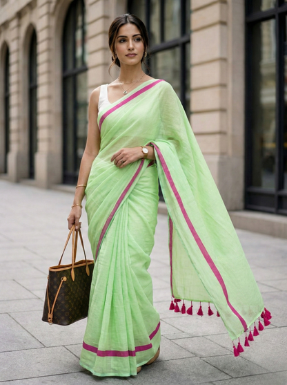 The Minimalist - Green Mulmul Cotton Saree with Pink Border