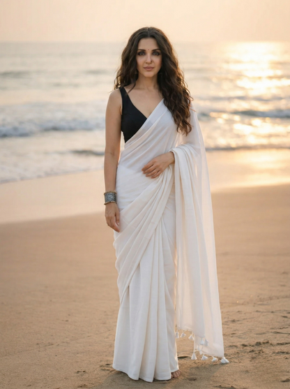 Vanilla Mousse - Plain White Mul Cotton Saree