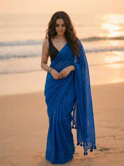 Cobalt Crumble - Plain Blue Mul Cotton Saree