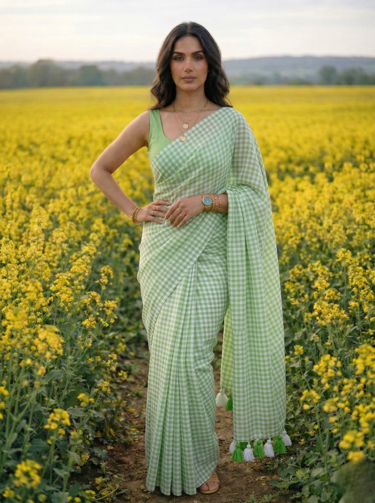 Spring Fern - Pastel Green Gingham Mulmul Cotton Saree