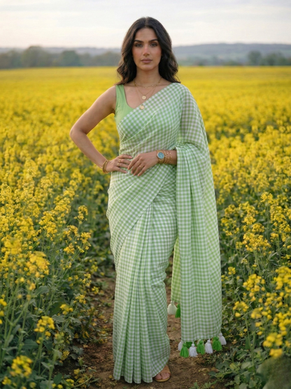 Spring Fern - Pastel Green Gingham Mulmul Cotton Saree