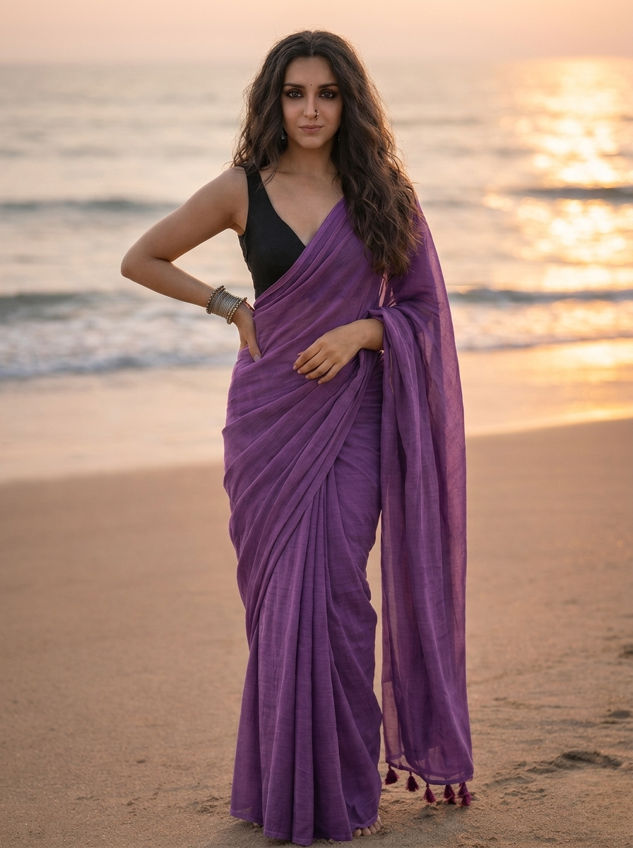 Twilight Bloom - Plain Deep Violet Mul Cotton Saree
