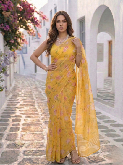 Liora - Yellow Floral Print Pure Chiffon Saree