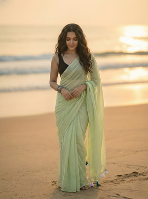 Dewdrop - Plain Pastel Green Mul Cotton Saree