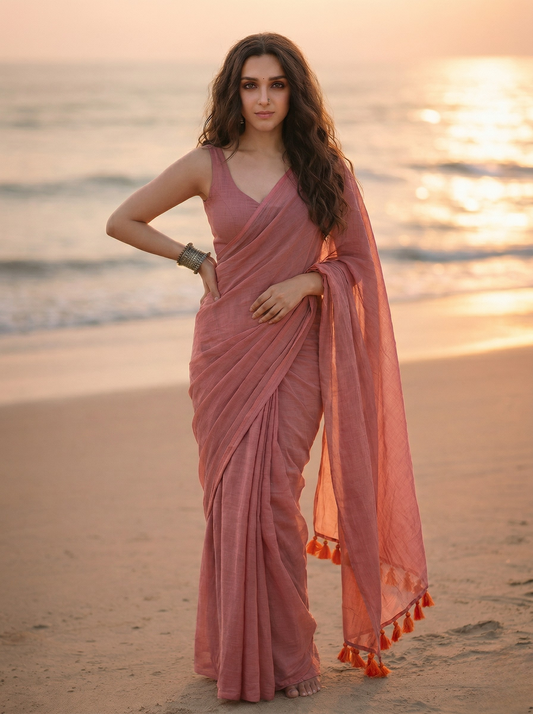 Mauve Melody - Plain Pink Mul Modal Saree