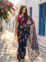 Vintage Blue - Floral Printed & Embroidered Chiffon Saree